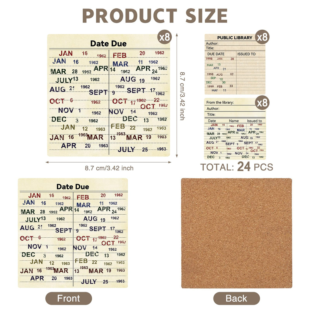 24 Pcs Library Due Date Card Book Coasters, Book Themed Party Favors Book Club Gifts for Book Club Decorations Library Decor Bookish Gifts Librarian Giftss