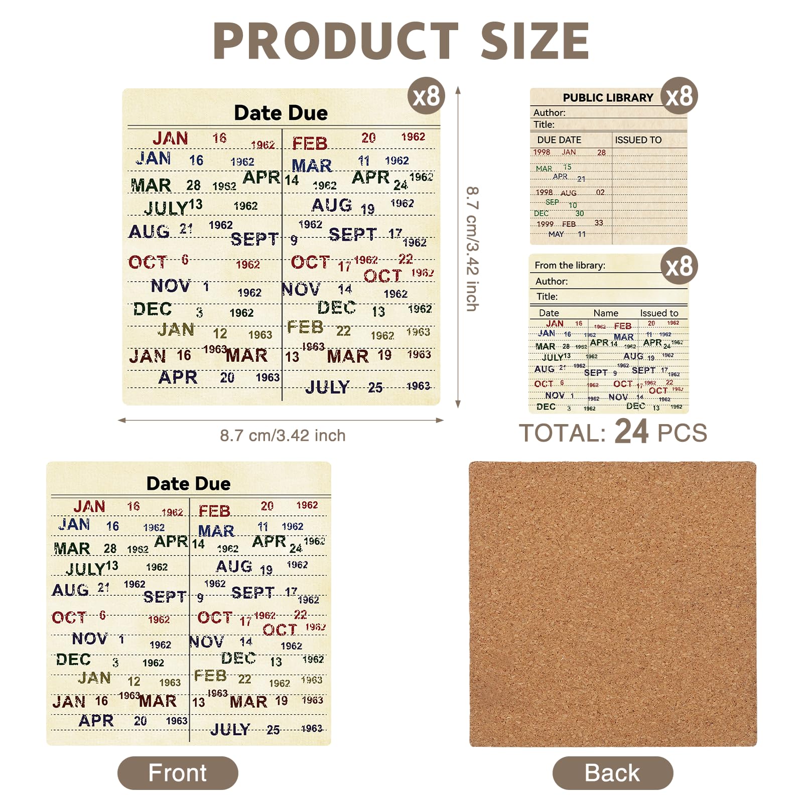 24 Pcs Library Due Date Card Book Coasters, Book Themed Party Favors Book Club Gifts for Book Club Decorations Library Decor Bookish Gifts Librarian Giftss