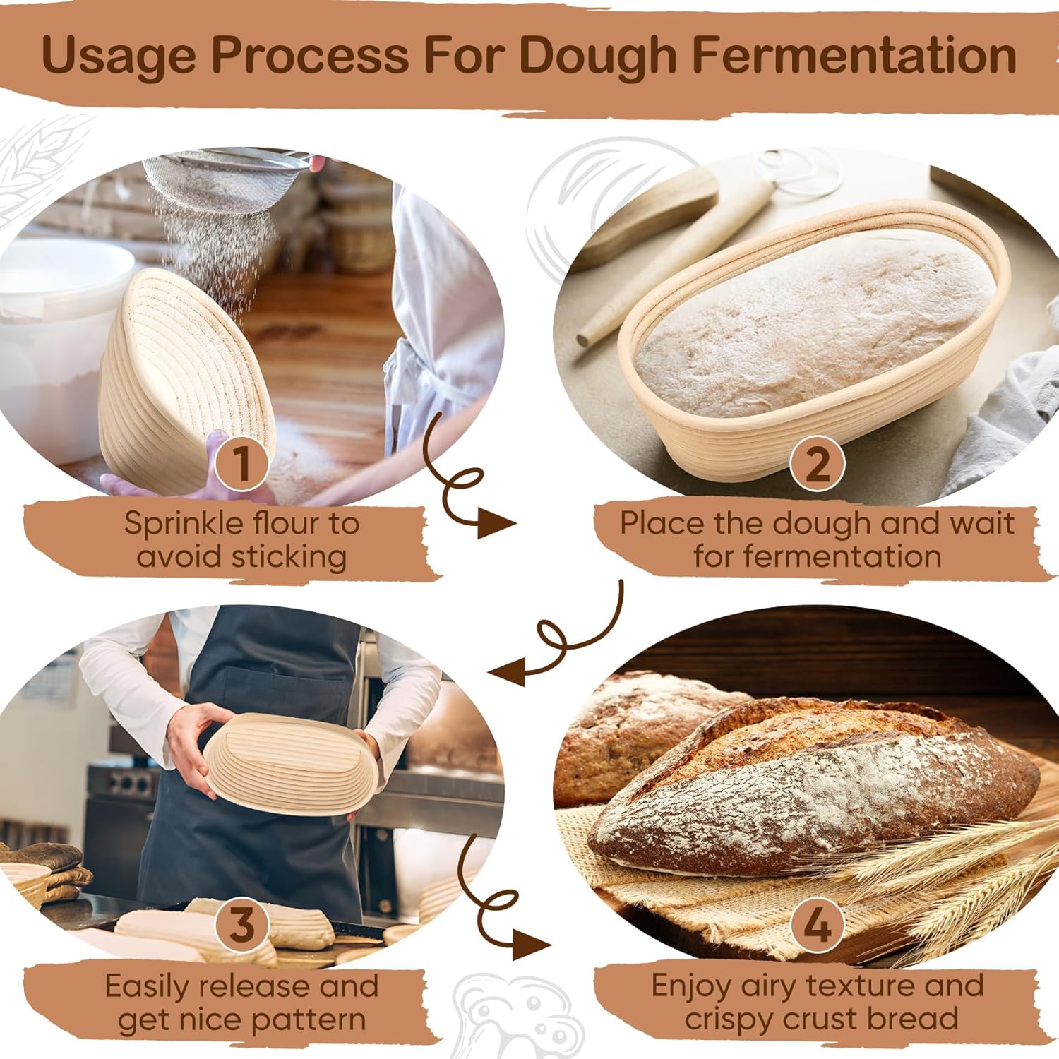 TeamFar Bread Proofing Basket Set - 10 Inch Oval Sourdough Baking Baskets with Liner for Dough Fermentation