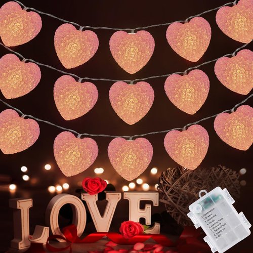 Valentines Day Decor Lights 6.9FT 10 LED Pink Heart String Light Battery Operated, 8 Modes Romantic Heart Twinkle Fairy Lights with Timer, Valentines Decorations Light for Home Party Bedroom Wedding