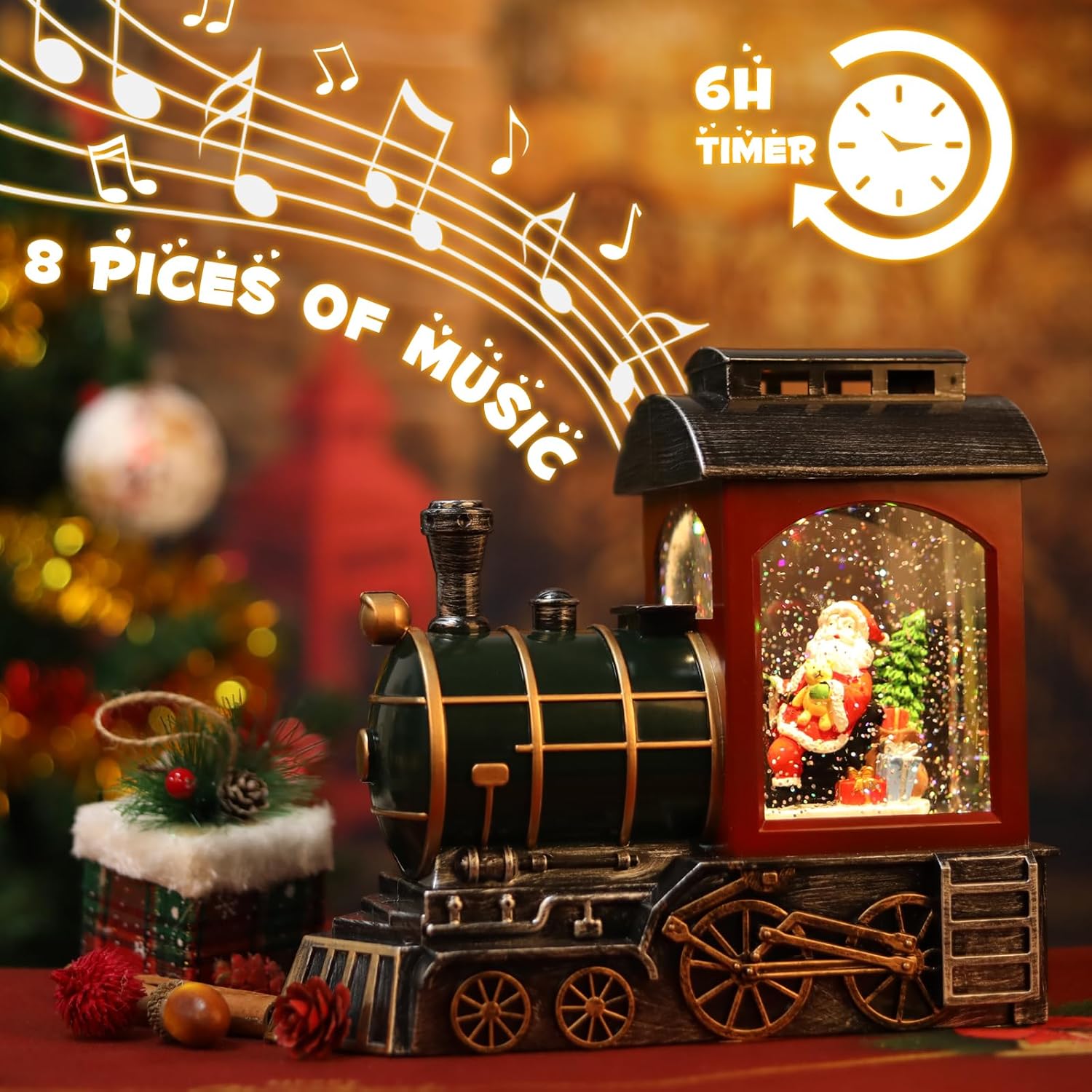 Santa Red Train Snow Globe Lantern | Glittering Light-Up Musical Christmas Decoration, 6-Hour Timer, USB & Battery Operated