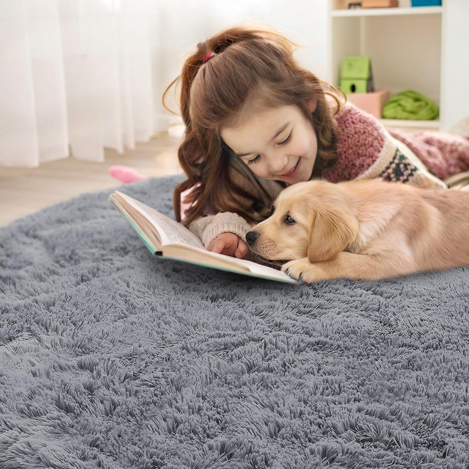 OLANLY Round Light Grey Area Rug - Soft, Fluffy, Machine Washable 2 ft Carpet for Bedroom & Living Room