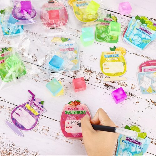 Lemicin 24 Pack Valentines Day Ice Cube Shaped Squeeze Balls with Drink Cards Stress Relief Squeeze Fidget Toys Exchange Gift for Kids Teens Adults Classroom Valentines Cards Party Favors