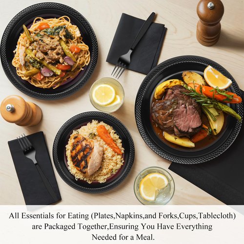 CLIYTICA Black Plastic Plates for Party,30 Guest Disposable Plastic Plate Set 9" Plates,7" Dessert Plates,Napkins,Cups,Forks & Tablecloth for Birthday,Halloween,Christmas,Graduations
