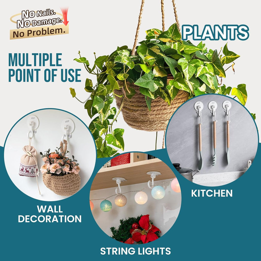 TAILI Heavy-Duty Adhesive Ceiling Hooks - No-Drill Removable Wall Hooks for Plants & Lights | 4 Pack White