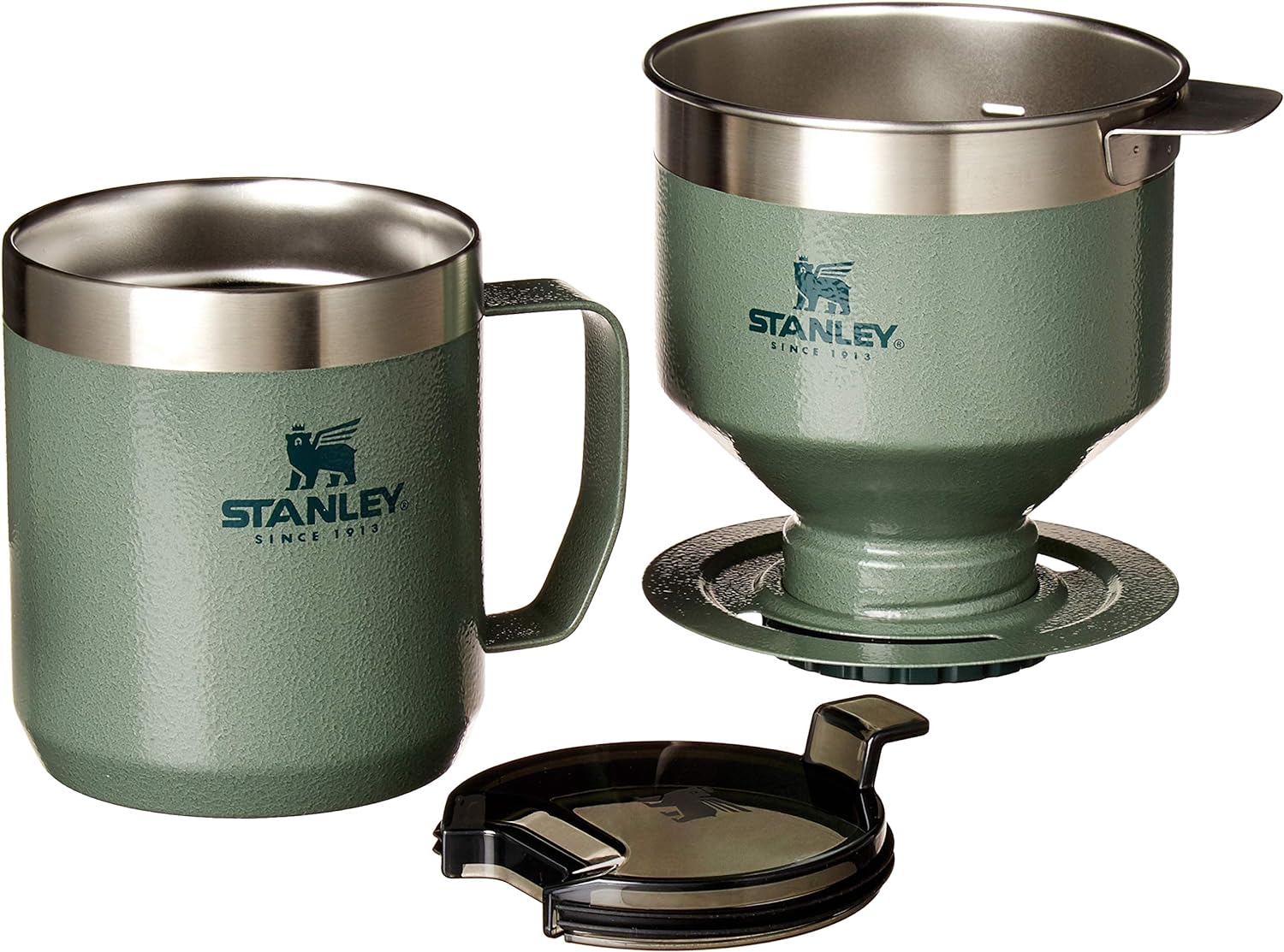 STANLEY Perfect Brew Pour Over Set - 12 oz Insulated Camp Mug with Lid & Reusable Filter - BPA-Free Hammertone Green