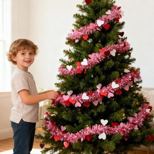 55.77 FT Valentines Day Garland Decor Red Pink Purple Heart Tinsel Garland Metallic Glitter Hanging Garlands Valentines Day Decorations for Tree Mantel Home Indoor Wedding Galentines Party.