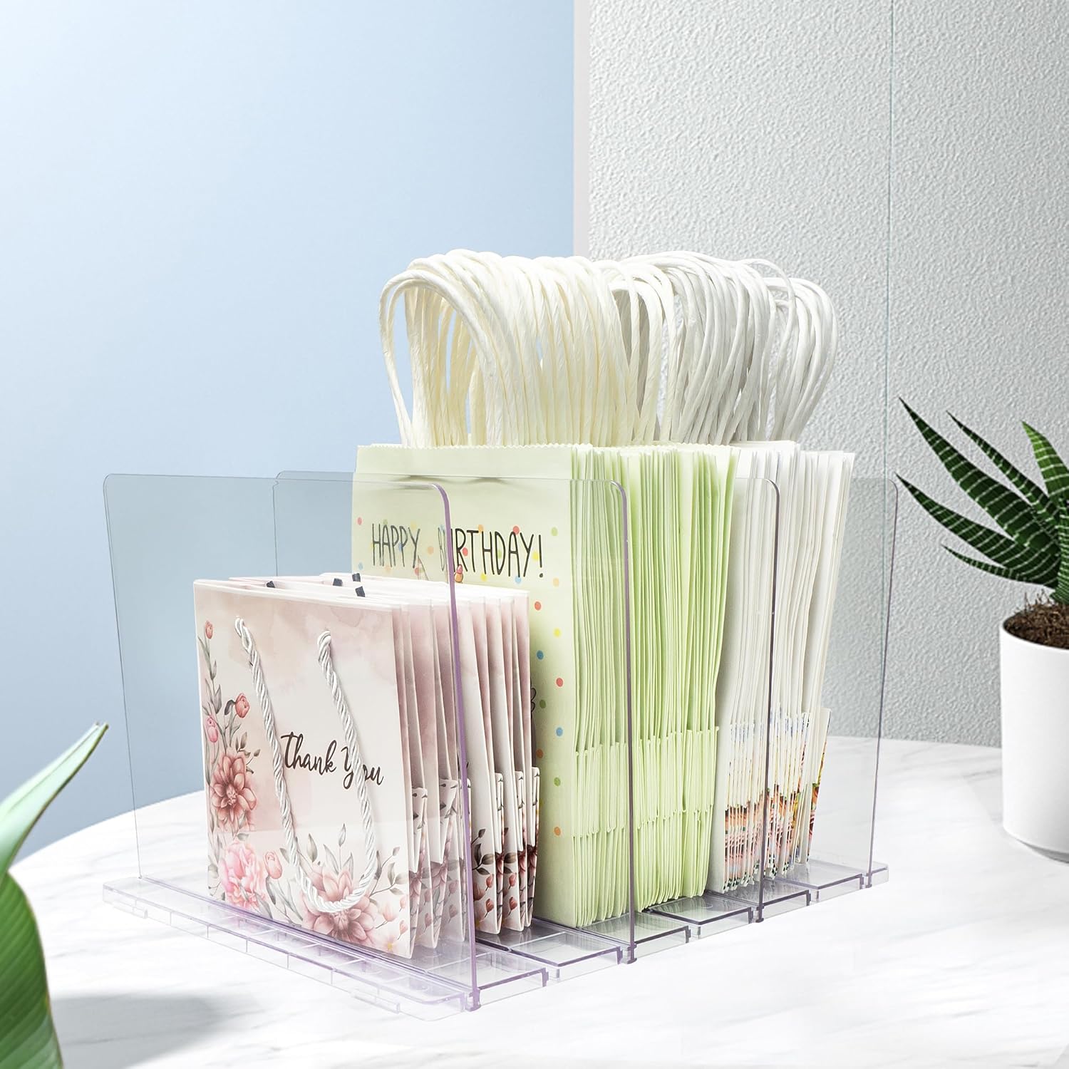 Skiennix Gift Bag Storage Organizer - Clear Acrylic Design with Adjustable Shelf Divider | 1 Pack