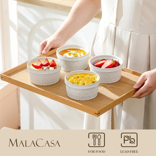 MALACASA Ramekins 8 Oz Oven Safe, Ceramic Creme Brulee Souffle Dishes, Pudding Custard Cups Ramekin For Baking, Small Dipping Sauce Bowls, Set of 4, Microwave and Dishwasher Safe, Arctic White