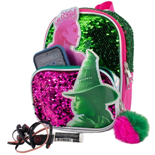 AI ACCESSORY INNOVATIONS Wicked 9” Micro Mini Backpack Purse Featuring Glinda & Elphaba 3D Character Patches, Shiney Sequins, & Pompom Dangle