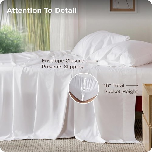 Bedsure Cooling Bed Sheets - Soft Rayon from Bamboo | Deep Pocket Up to 16" | Hotel Luxury White
