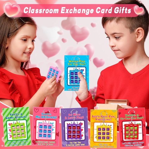 24 Pack Valentines Day Gifts for Kids Classroom Tic Tac Toe Game Keychains with Valentines Day Cards for Kids School, Valentines for Kids Class Exchange Cards Gifts Prizes Party Favors for Boys Girls