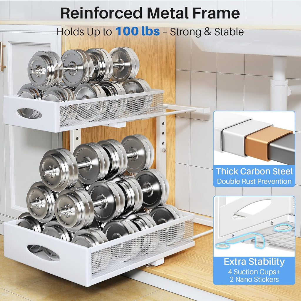 Under Sink Organizer | 2-Pack 2-Tier Pull-Out Shelf with Metal Slides & Mesh Drawers - White
