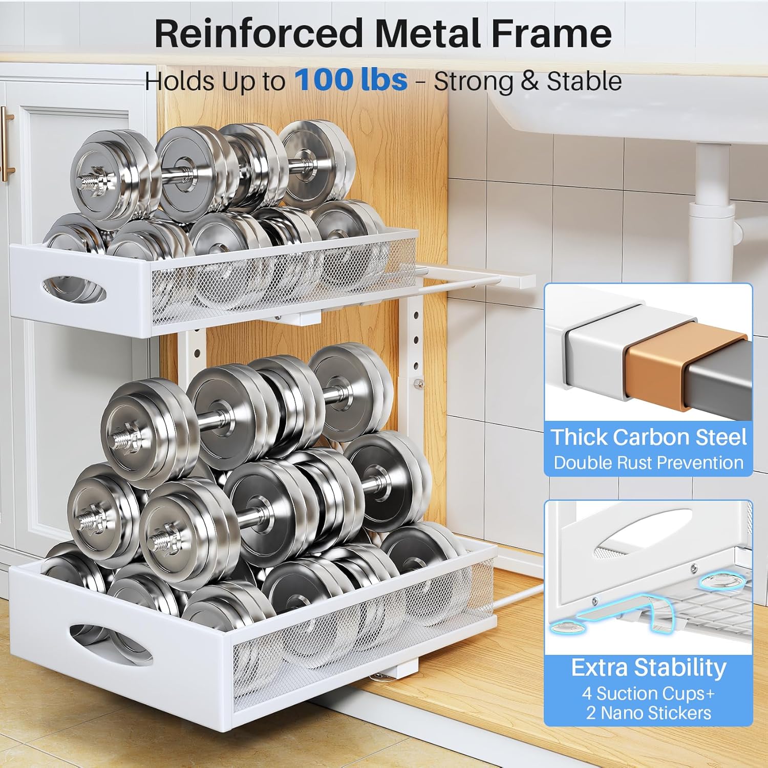 Under Sink Organizer | 2-Pack 2-Tier Pull-Out Shelf with Metal Slides & Mesh Drawers - White
