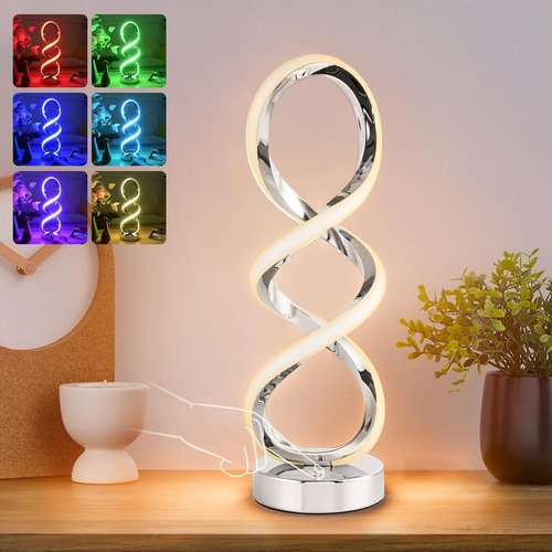 Adebime Modern Spiral RGB Table Lamp, Touch Dimmable Bedside Lamp, 7 Colors 10 Light Modes Spiral Design Table Lamp, Unique Nightstand Lamp for Living Room, Bedroom, Cool Lamps, Silver