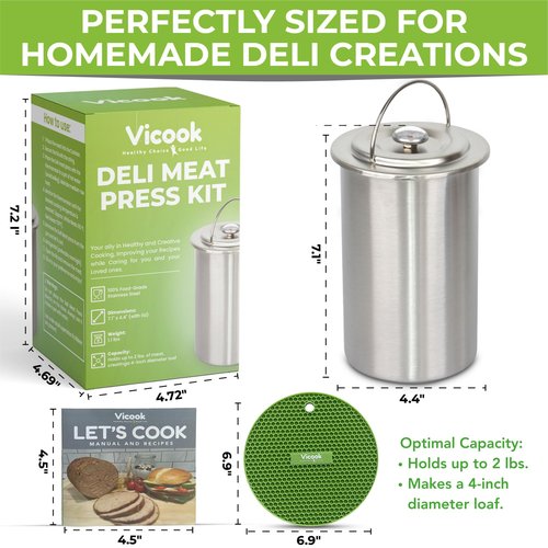 Vicook Deli Meat Press Kit - Stainless Steel Lunch Meat Press Mold for Deli Meats, with Thermometer Manual & Recipes All in one Box, Meat Press for Cooking Healthy Choices Ham Press Maker Meat Presser