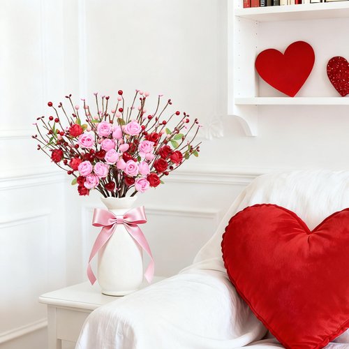 MAINGKAUNG Valentines Day Decorations 12 Pack Valentines Day Artificial Flowers 17 Inch Valentine's Picks with Red Roses Flower Pink Love Heart Berries for Valentine Wedding Anniversary Party Decor