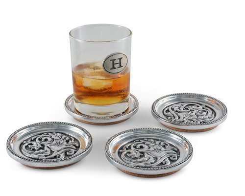 Arthur Court Aluminum Metal Western Concho Drink Coasters for Home Counters, Kitchen, Dining, Living Room, Patio, Coffee Table, Metal Holder Cork Padding Set of 4 Stackable 4 inch Diameter