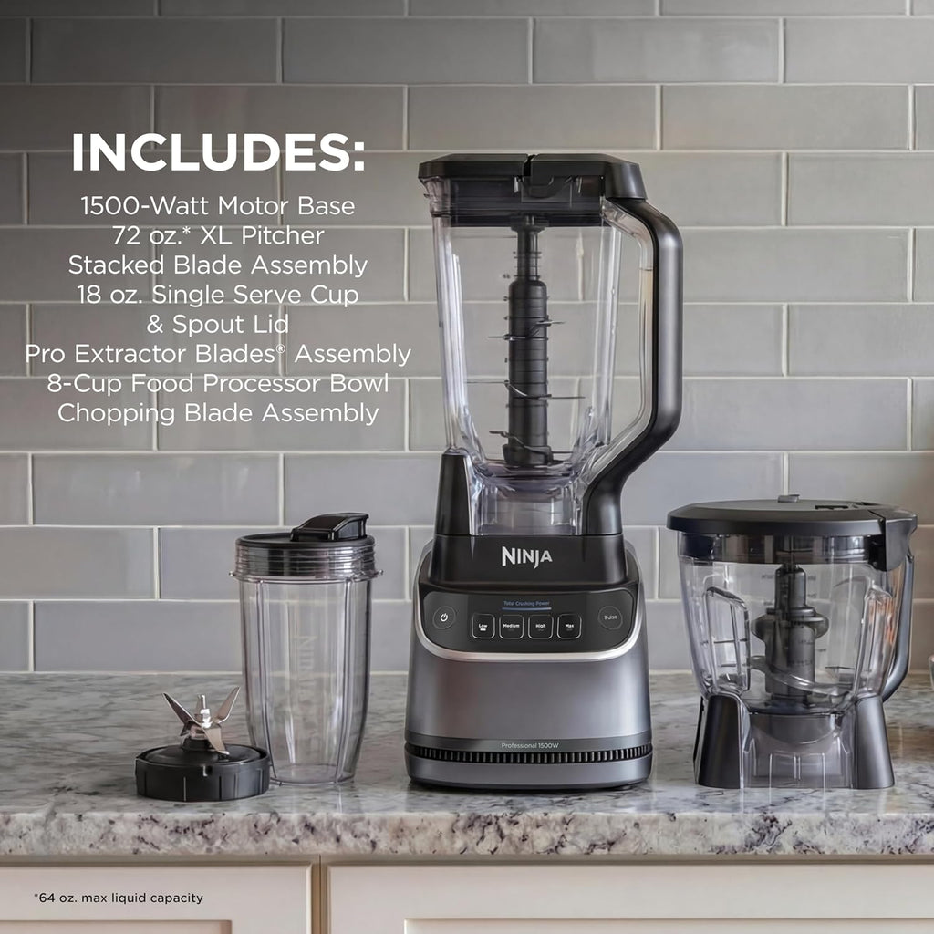 Ninja UltraCrush Professional Kitchen System - 1500W Blender & Food Processor | 72oz Capacity, Silver | Total Crushing Technology for Smoothies & Chopping