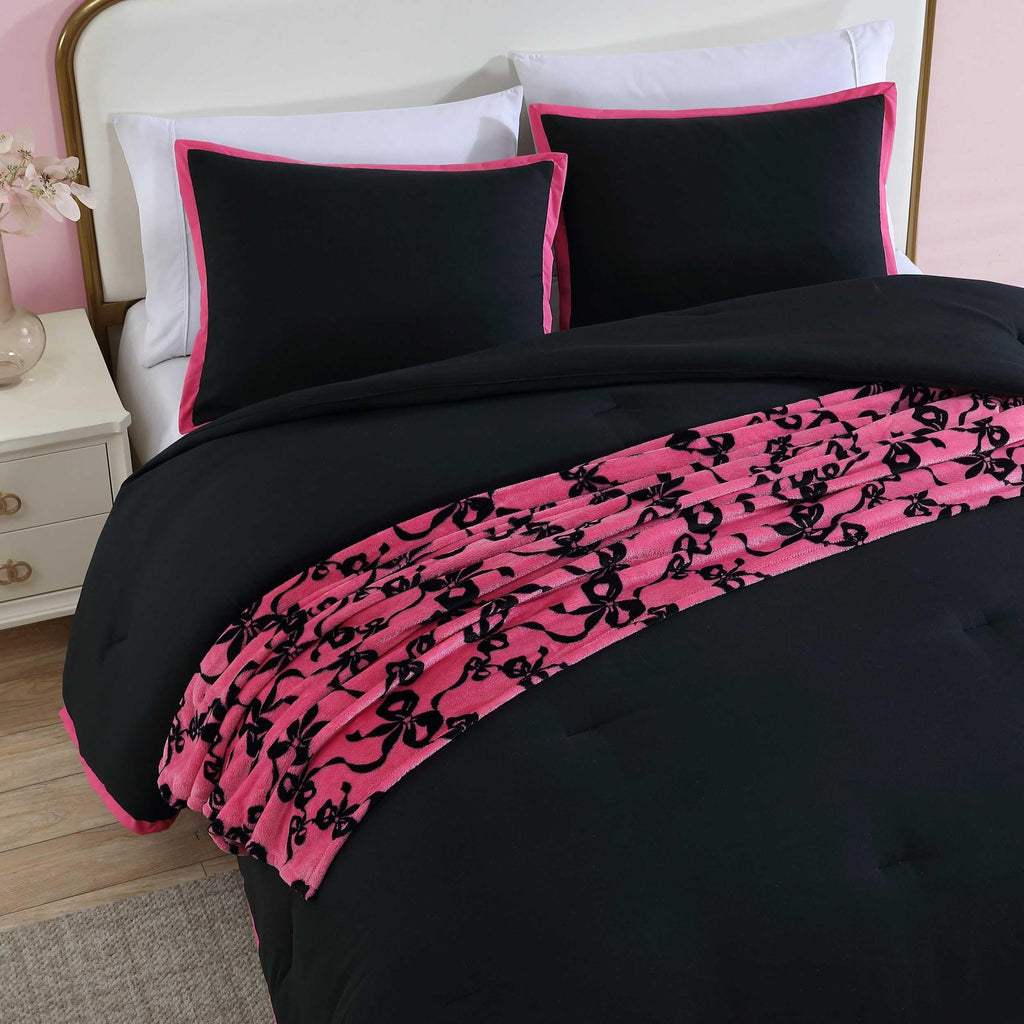 Betsey Johnson - Twin Comforter Set, Bedding Set with Matching Sham & Bonus Soft Throw, Dorm Essentials (Signature Hotel Solid Black)