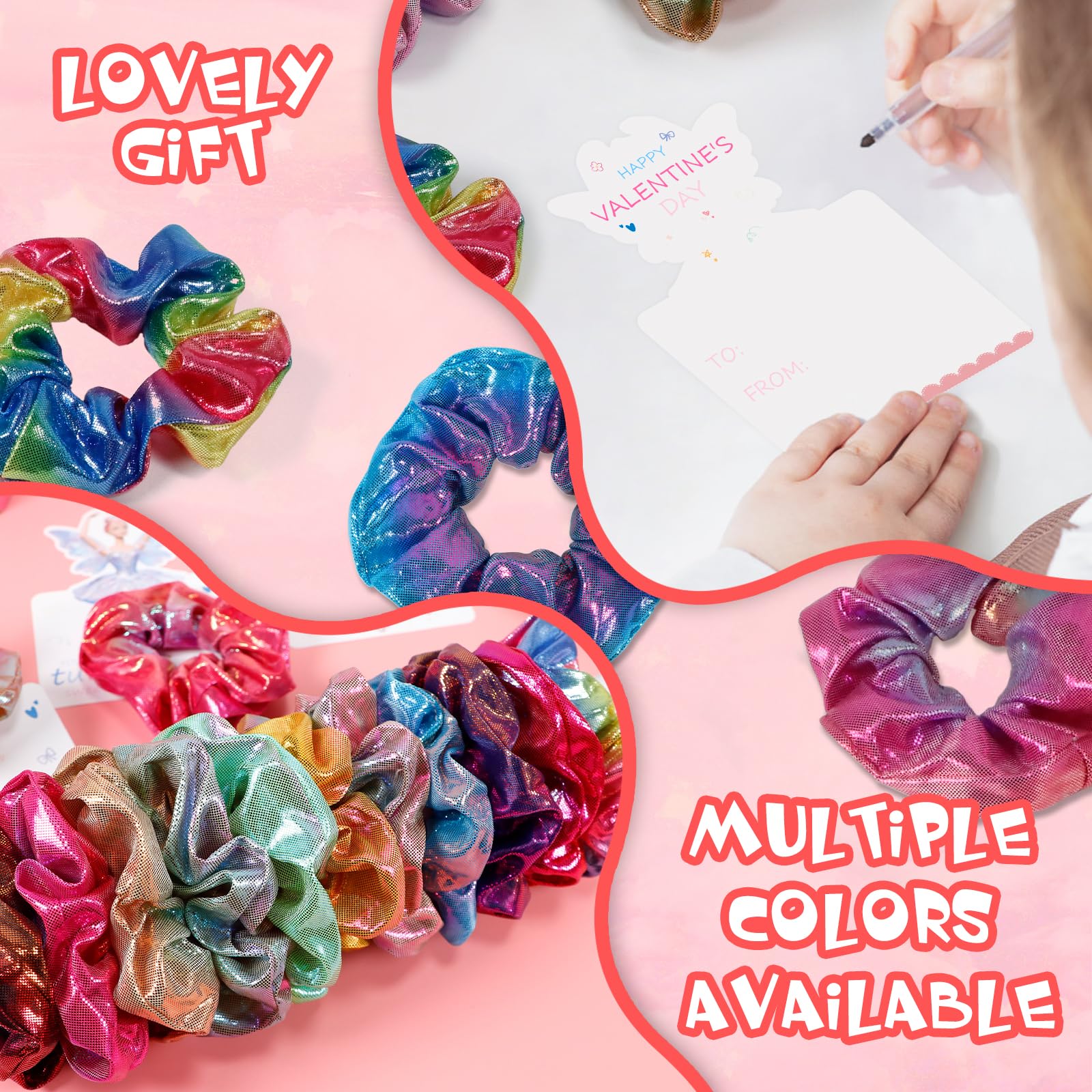 pozemu Valentines Day Gifts for Kids 24 Pack Ballerina Cards with Hair Scrunchies for Valentine Classroom Exchange Unique Valentines Day Cards for Kids School, Party Favors for Girls