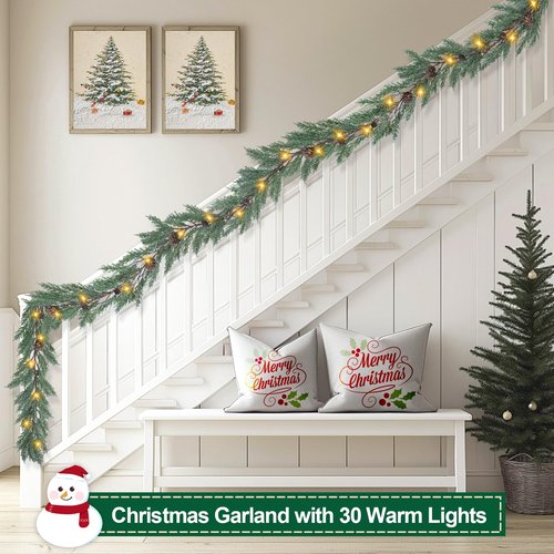 Artgar Christmas Cedar Garland, 6 Ft Realistic Pine Garland, Prelit Christmas Garland with 30 Warm Lights with 8 Light Modes for Mantels Stair Table Indoor Outdoor Winter Xmas Decor (White-Green)