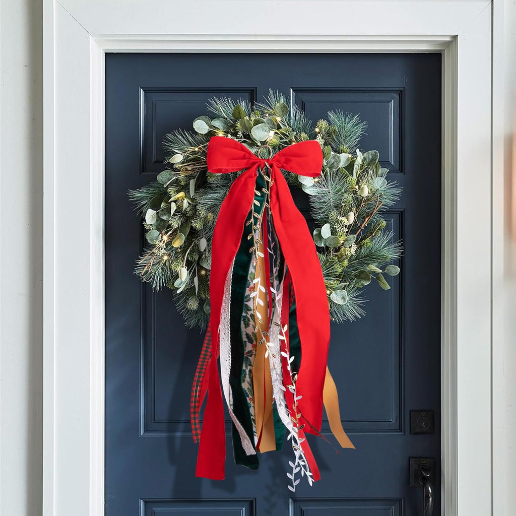 RunNico Christmas Ribbon Bow Set - 2 Pcs Assorted Clip-On Wreath Ribbons | 30'' x 20'' Red & Green Decor