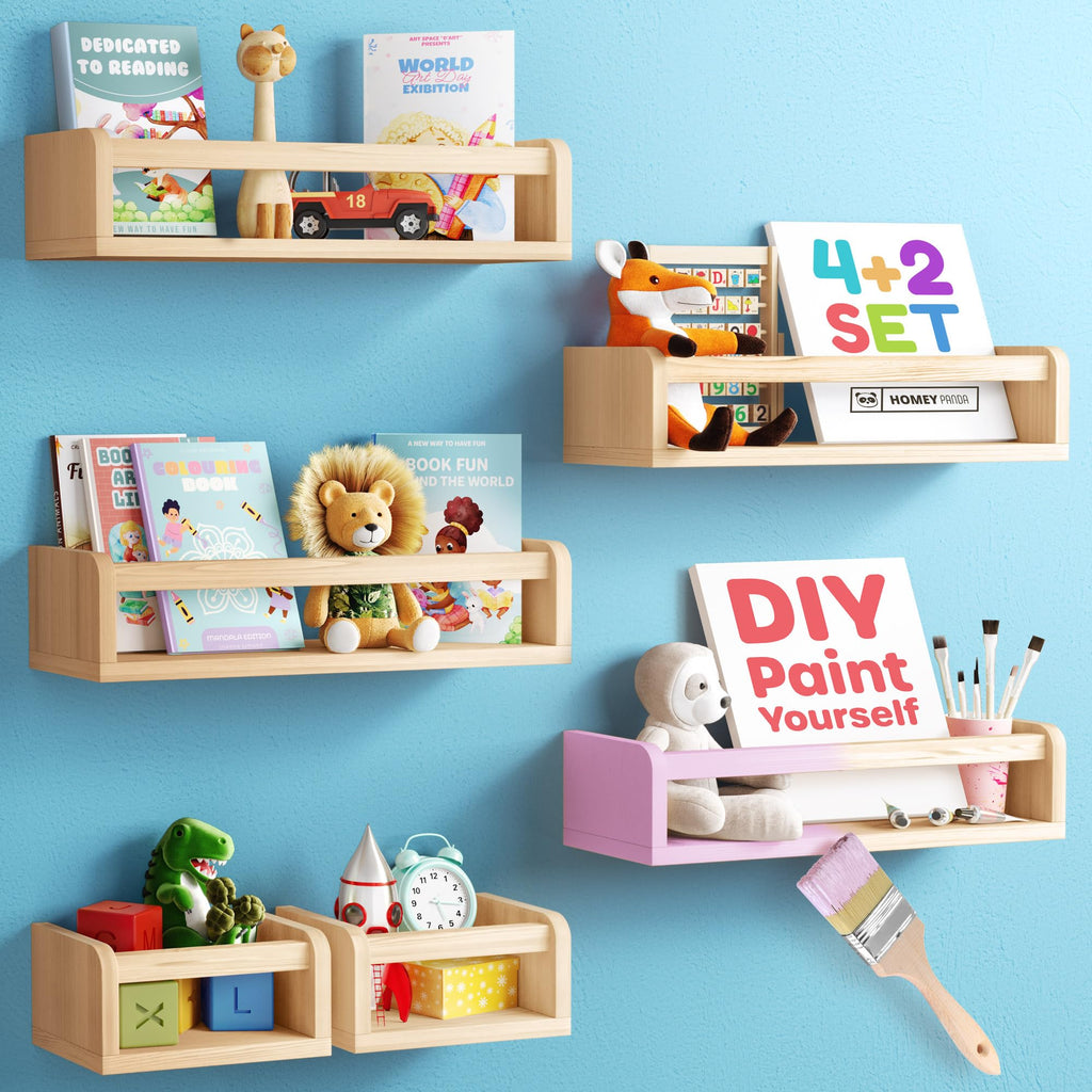 HOMEY PANDA DIY Wall-Mounted Nursery Bookshelves - 4 Long + 2 Mini Shelves, Kids Room Storage (DIY Paint Pine Wood)