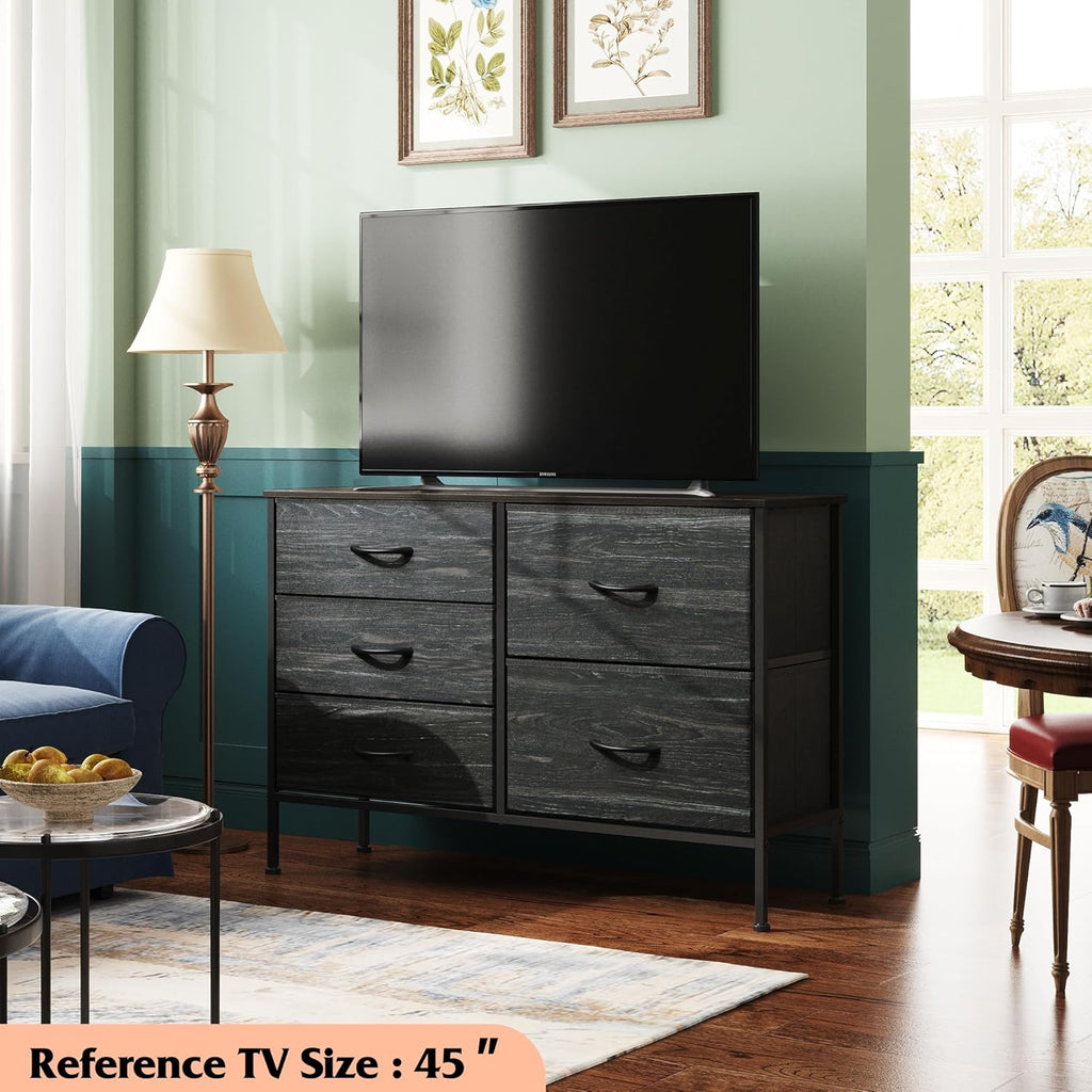 WLIVE Dresser - 5 Drawer Chest for Bedroom | Stylish Fabric Organizer in Charcoal Black Wood Grain