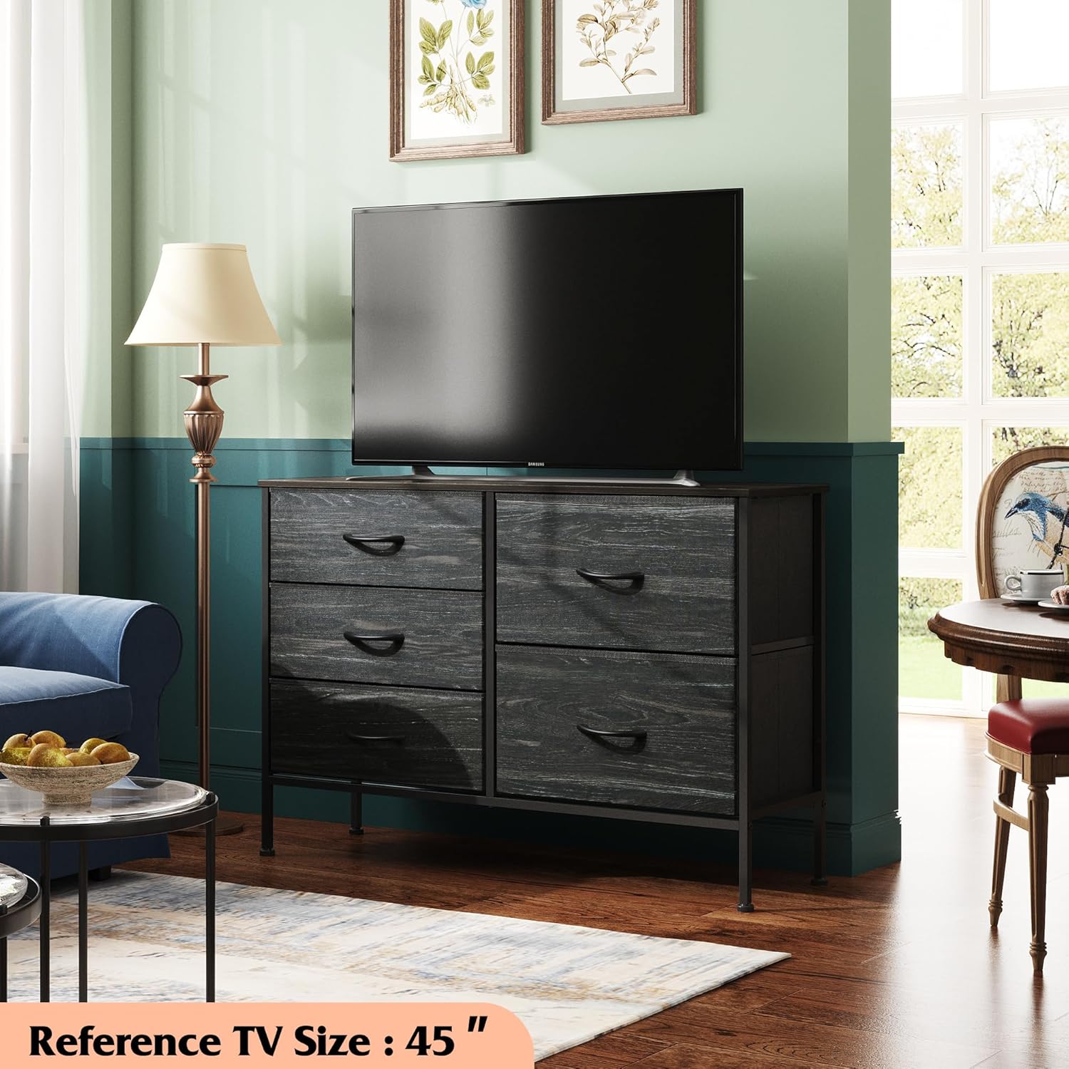 WLIVE Dresser - 5 Drawer Chest for Bedroom | Stylish Fabric Organizer in Charcoal Black Wood Grain