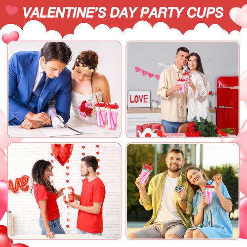 Potchen 160 Sets Heart Shaped Plastic Cups with Straws 16 oz Disposable Cups with Lid and Straws for Valentines Birthday Wedding Anniversary Party Supplies (Red)