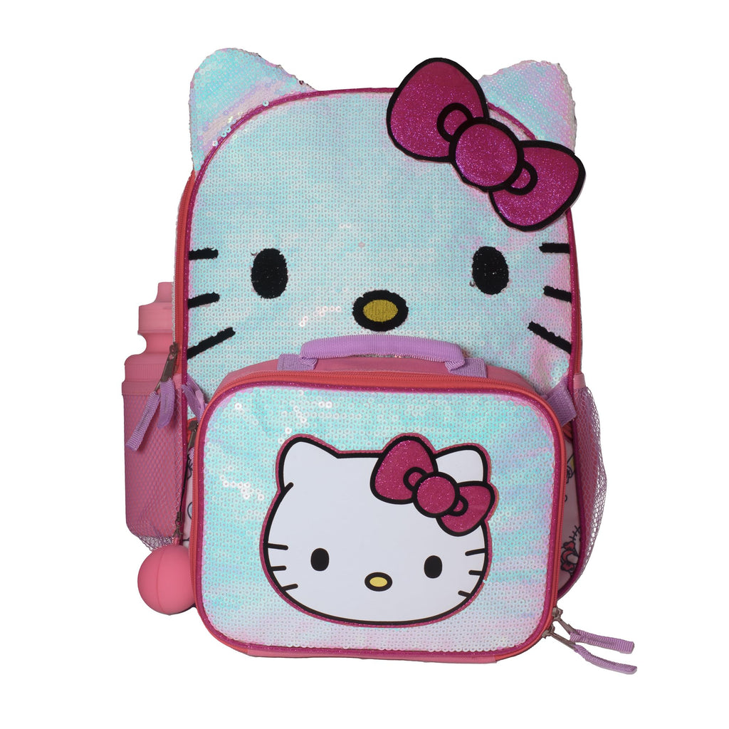 AI ACCESSORY INNOVATIONS Hello Kitty Girls 4 Piece Backpack Set, Iridescent Flip Sequin 16" School Bag with 3D Features, Front Zip Pocket, Pink & White