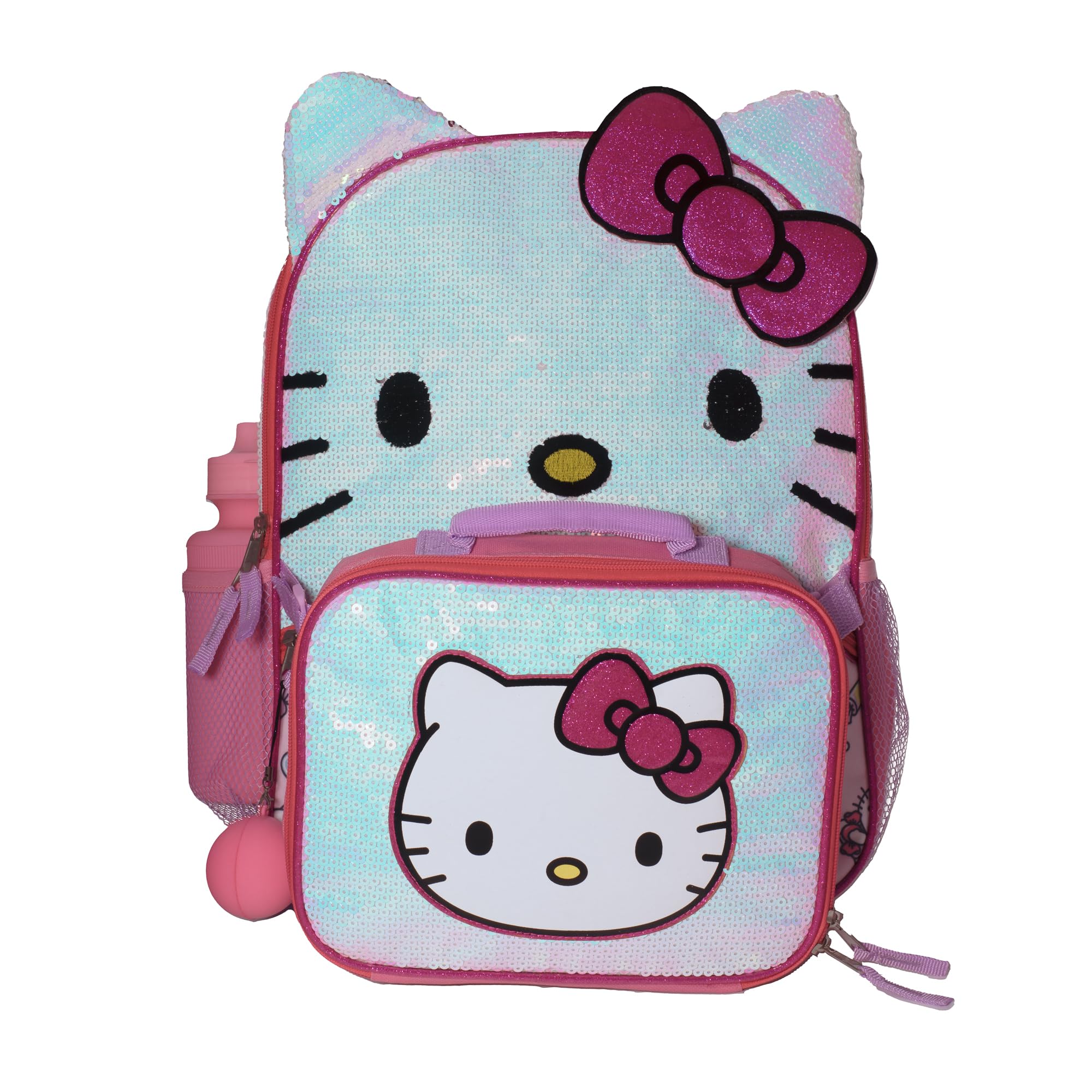 AI ACCESSORY INNOVATIONS Hello Kitty Girls 4 Piece Backpack Set, Iridescent Flip Sequin 16" School Bag with 3D Features, Front Zip Pocket, Pink & White