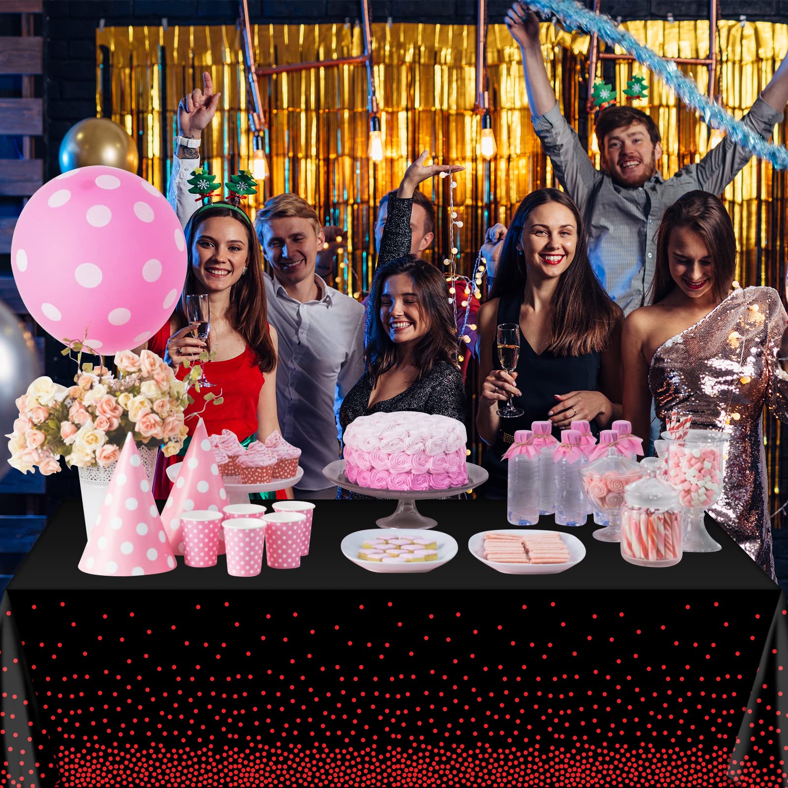 1 Pack Red and Black Dot Plastic Tablecloth, Red Stamping Dot Confetti Rectangle Plastic Disposable Table Cover for Birthday Wedding Baby Shower Engagement Anniversary Party Decorations, 54 x 108 Inch