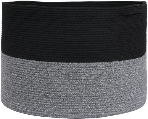 Cottonphant 24" x 24" x 17" Max Size Large Cotton Rope Basket, Extra Large Storage Basket, Woven Laundry Hamper, Cloth Storage Bin, for Blankets Clothes Towels Pillows in Living Room, Black/Grey Mix
