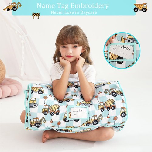Toddler Nap Mat for Preschool 50''x30'' Sleeping Mat with Removable Pillow and Minky Blanket for Kids Ages 3-7 Roll Up Soft Sleeping Bag for Boys Girls Kindergarten Daycare Sleepover - Excavator