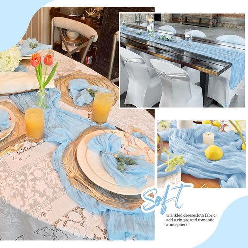 RealBox 6 Pack Baby Blue Cheesecloth Table Runner 17x108 Inch Semi Sheer Boho Gauze Cheese Cloth Fabric Table Runners, for Wedding Party Baby Shower Birthday Home Decor Garden Farmhouse