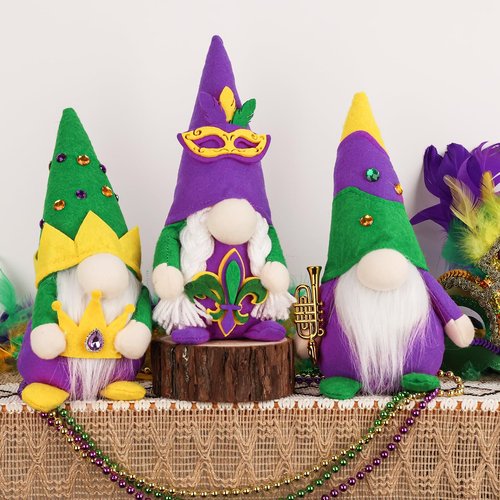 Aymolas Mardi Gras Gnomes Decorations - 3 Pack Gnomes Plush Handmade Scandinavian Tomte Gnome Decor for New Orleans Party Mantel Tiered Tray Table Decor Home Office Decorations