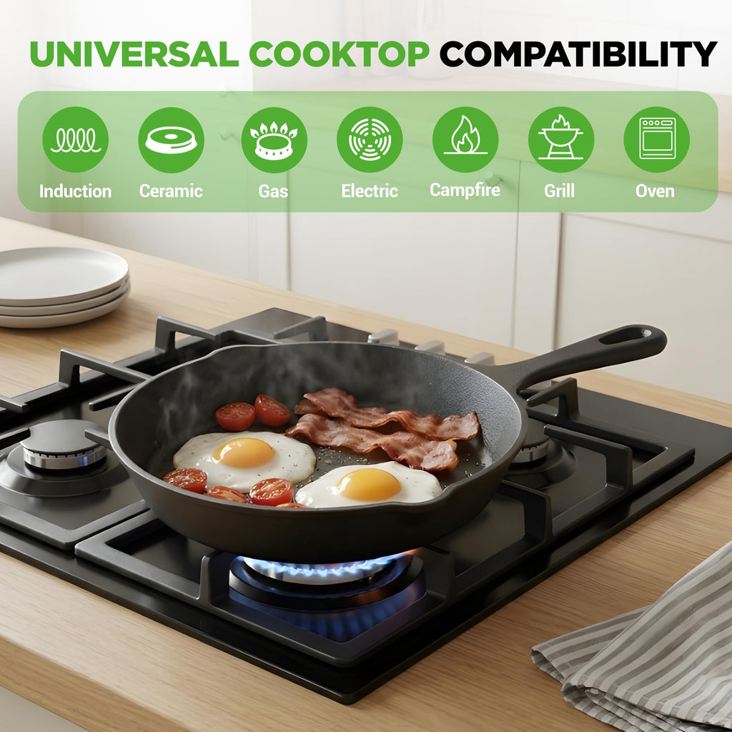 NutriChef Pre-Seasoned Cast Iron Skillets - 3 Pieces Cast Iron Cookware Set w/Drip Spout and Scraper - Compatible with Induction, Electric Stovetop, Gas, & Ceramic - NCCI76