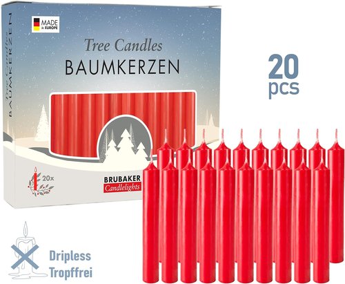 BRUBAKER Tree Candles - Red Pyramid Design - Pack of 20 - 3¾ x ½ Inches (9.5 x 1.27cm) - Made in Europe