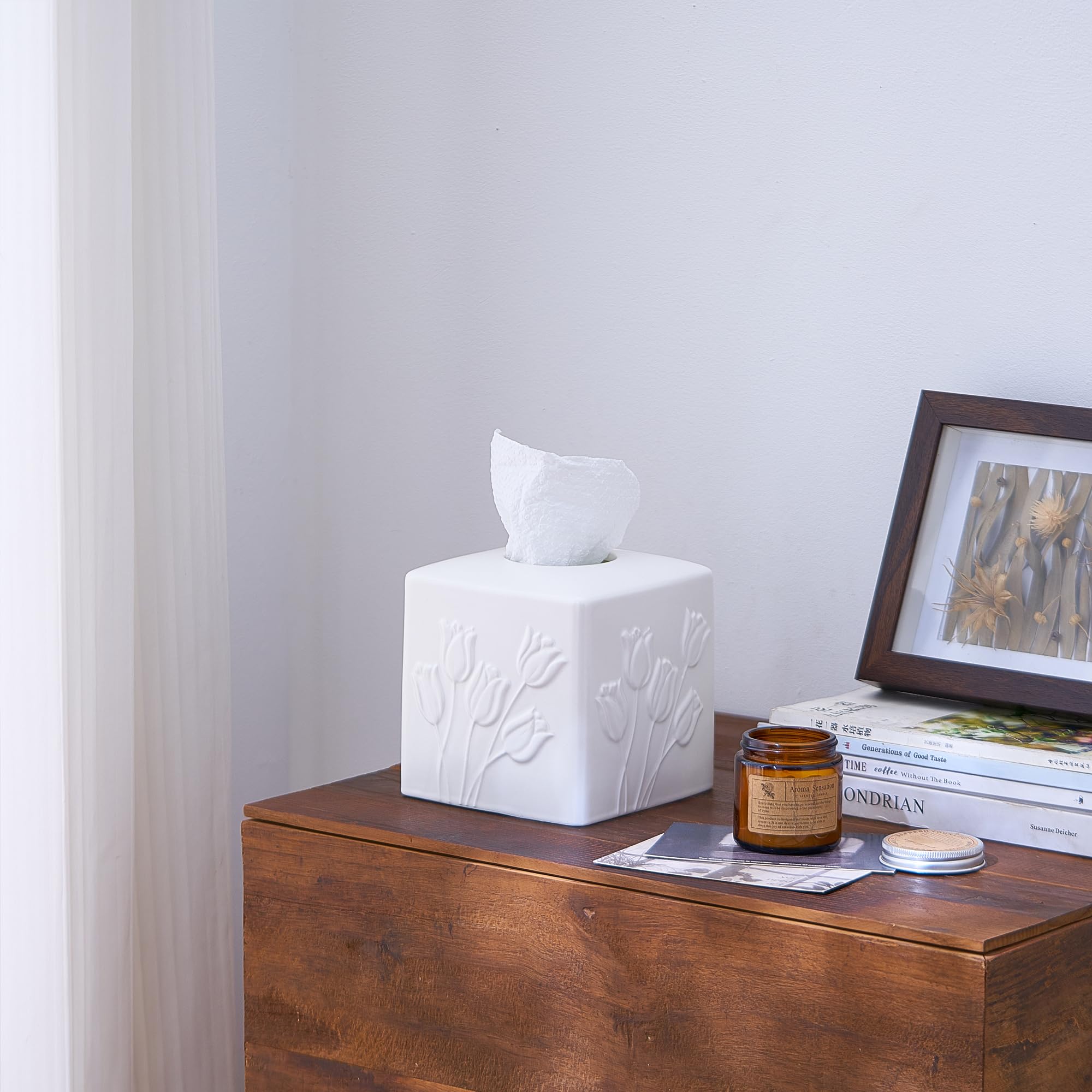 White Ceramic Tulips Tissue Box Cover - Modern Square Decorative Organizer for Facial Tissues, Farmhouse Style Home Decor for Bathroom, Bedroom, Living Room & Office