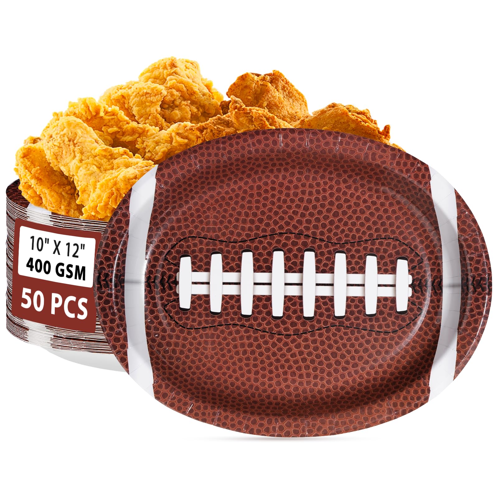 50Pcs Large Football Oval Plates 10"x12" Heavy Duty Football Food Plates Disposable Football Food Tray for Football Theme Party Supplies Sports Event Game Tailgate Carnivals Birthday Party Decorations