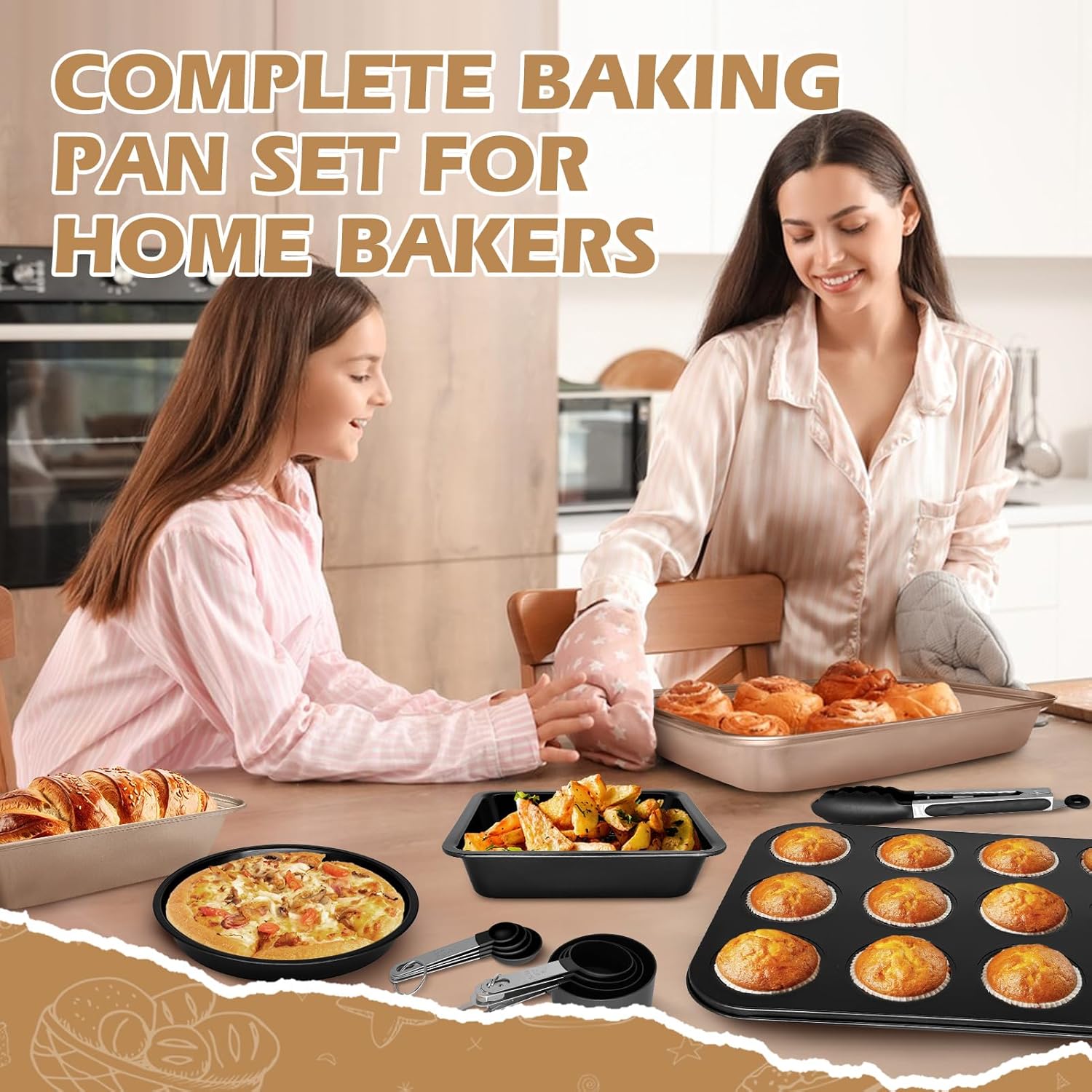 Skiennix Nonstick Bakeware Set - 15-Piece Baking Pan Set with Cooling Rack & Accessories - Oven Safe Metal