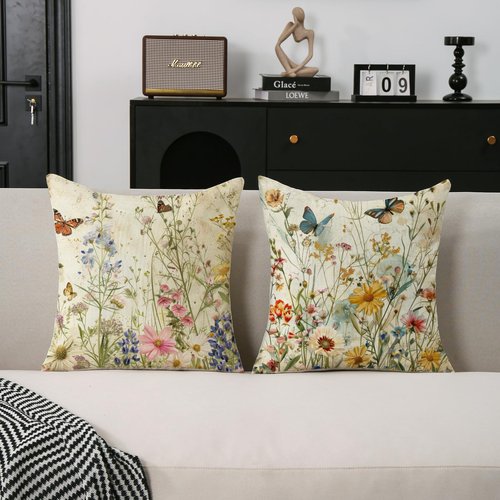 TAJWE Spring Floral Pillow Covers 18x18 Inch Set of 2 Wild Flowers Plant Butterfly Decorative Pillowcases Farmhouse Summer Seasonal Cushion Cases for Sofa Couch Home Decor