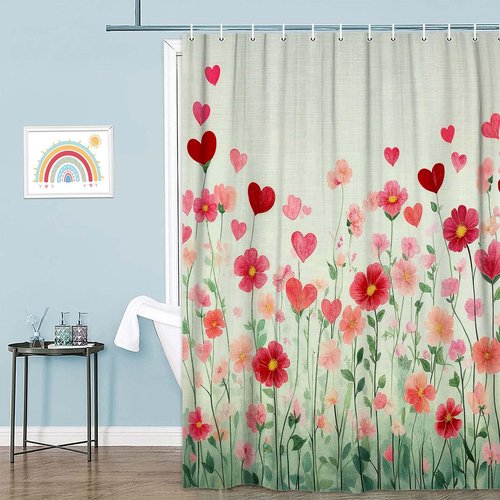 DYNH Valentine's Day Shower Curtain,Spring Romantic Red Heart Floral Bathroom Curtains,Wildflower Botanical Sweet Lovers Fabric Home Decor Curtain with Hooks,69X70 in