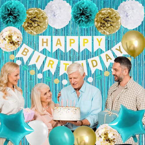 Teal Turquoise Blue and Gold Birthday Party Decorations for Women Girls with Happy Birthday Banner,Star Foil Balloons,Fringe Curtain,Circle Dots Garland,Blue Gold Latex Balloons