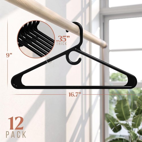 Neaterize Heavy Duty Clothes Hangers - 12 Pack Black Plastic Hangers for Coats, Jackets & Suits