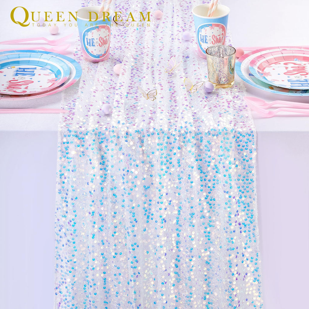 White Table Runner 3 Packs 25x120 Inches Iridescent Sequin Table Runner for Little Mermaid Birthday Ocean Themed Party Decorations