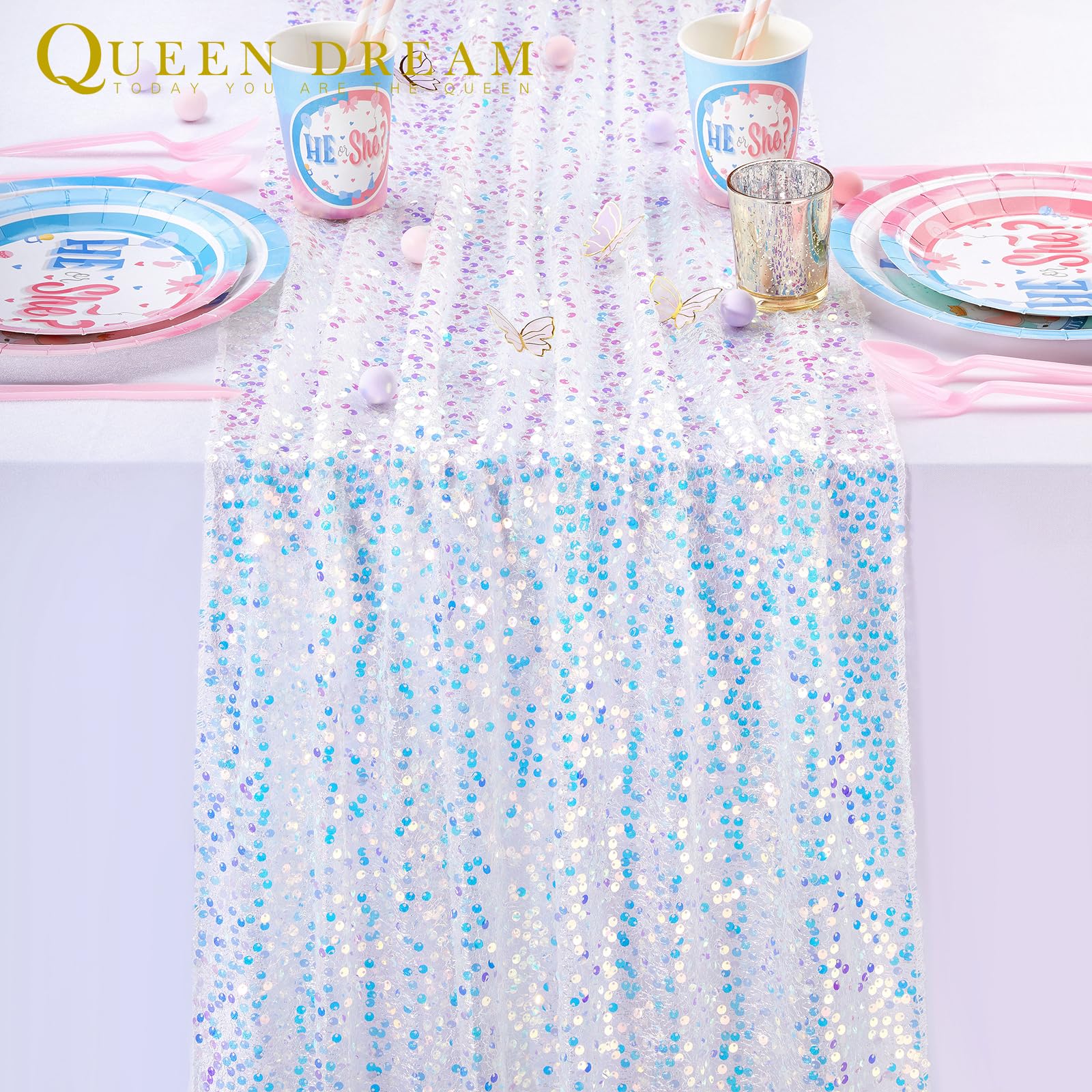 White Table Runner 3 Packs 25x120 Inches Iridescent Sequin Table Runner for Little Mermaid Birthday Ocean Themed Party Decorations