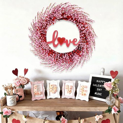 NAHUAA Pink Valentine Wreaths 20 Inch Berry Valentines Day Wreath Pink Wreaths for Front Door Heart Wreath with Sign Love for Spring Table Window Wedding Decor